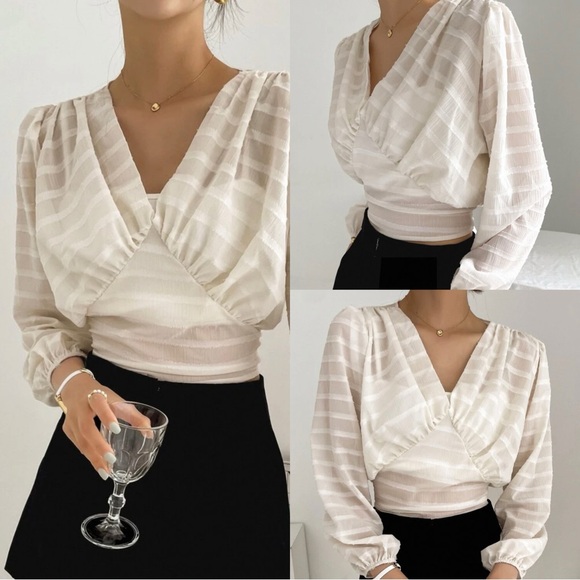 3/$15‼️ DAZY White Striped Ruched Bust Crop Blouse w/ Back Tie, Size M, V-Neck - Picture 3 of 10